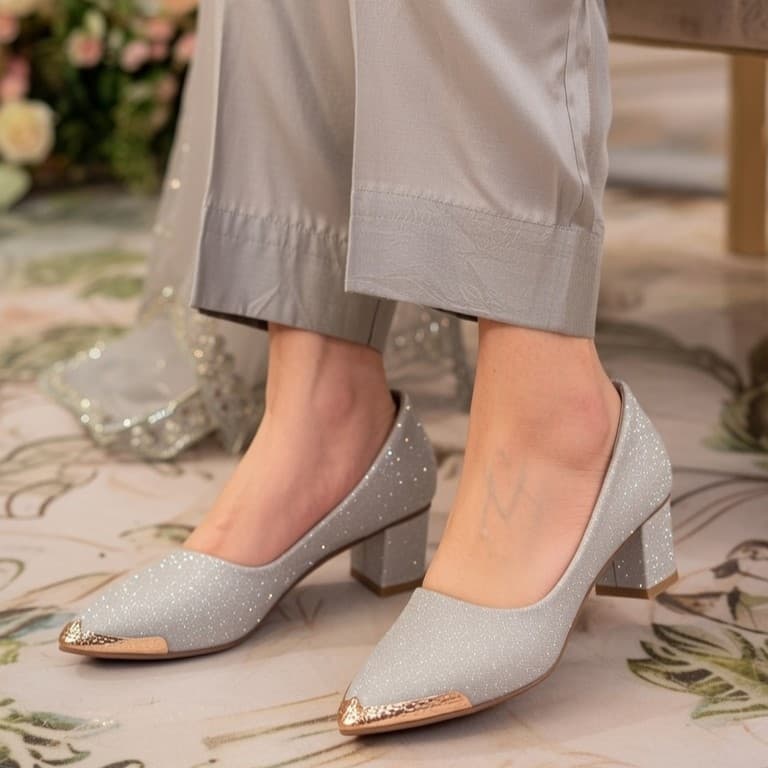 Glitter Low Block Heels Court Shoe