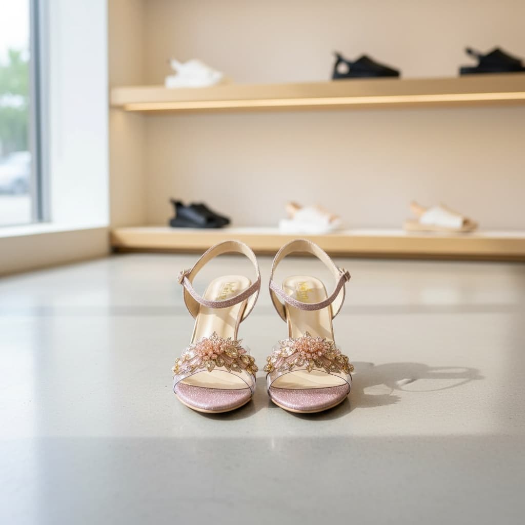 "Rose Gold Bloom" handmade block heels with clear straps and rose-gold floral embellishments. 2