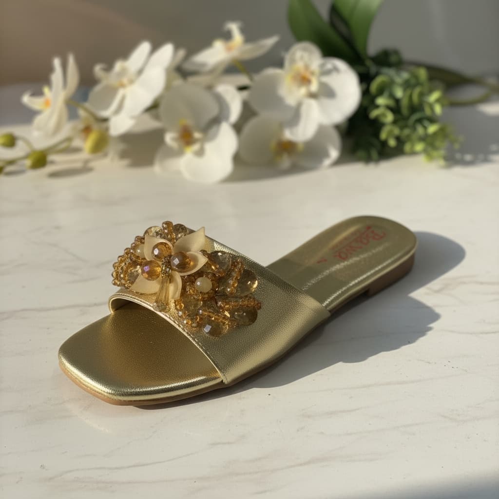 Formal slip-on Slippers with floral appliqué and a Flat Slipper. 2