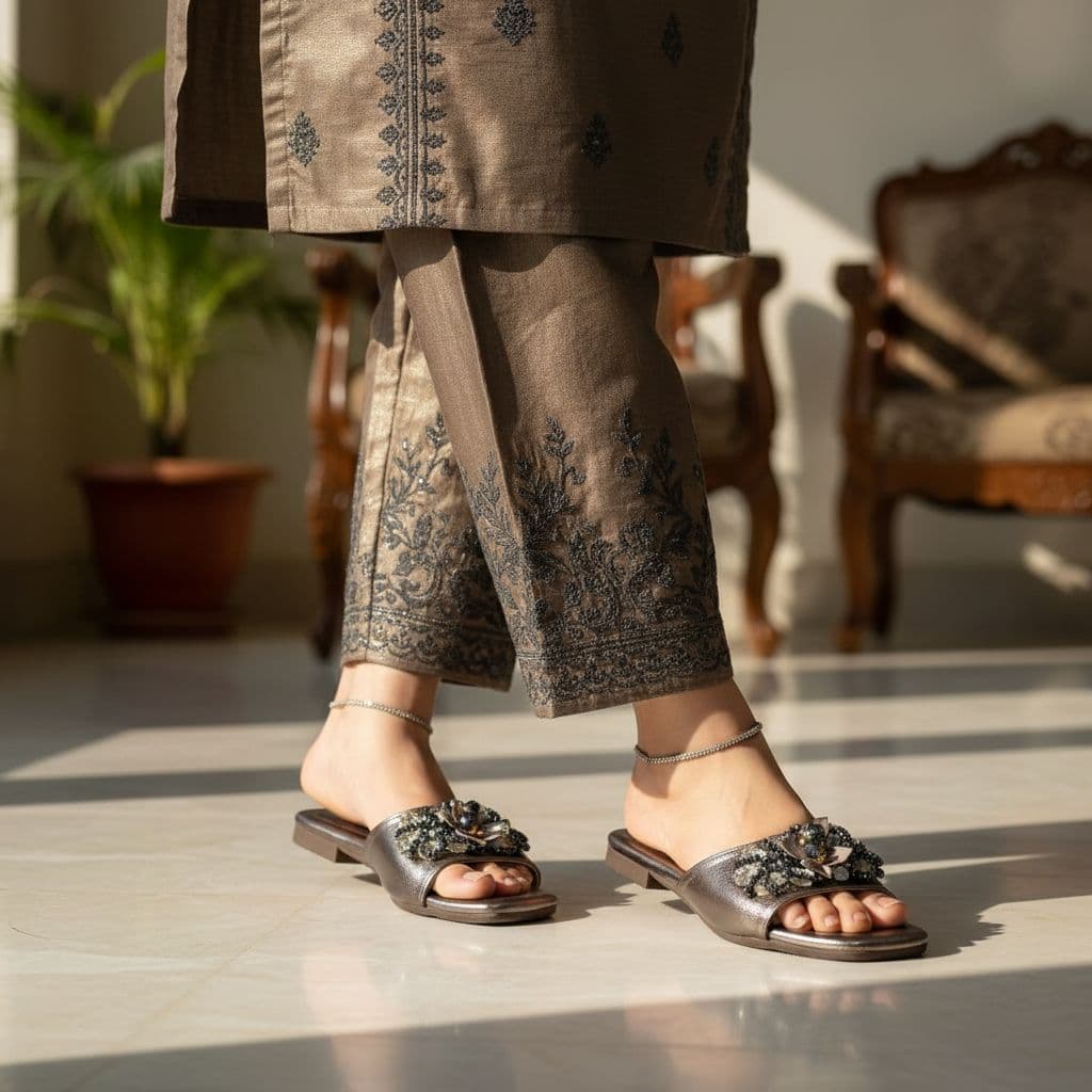 Formal slip-on Slippers with floral appliqué and a Flat Slipper. 3