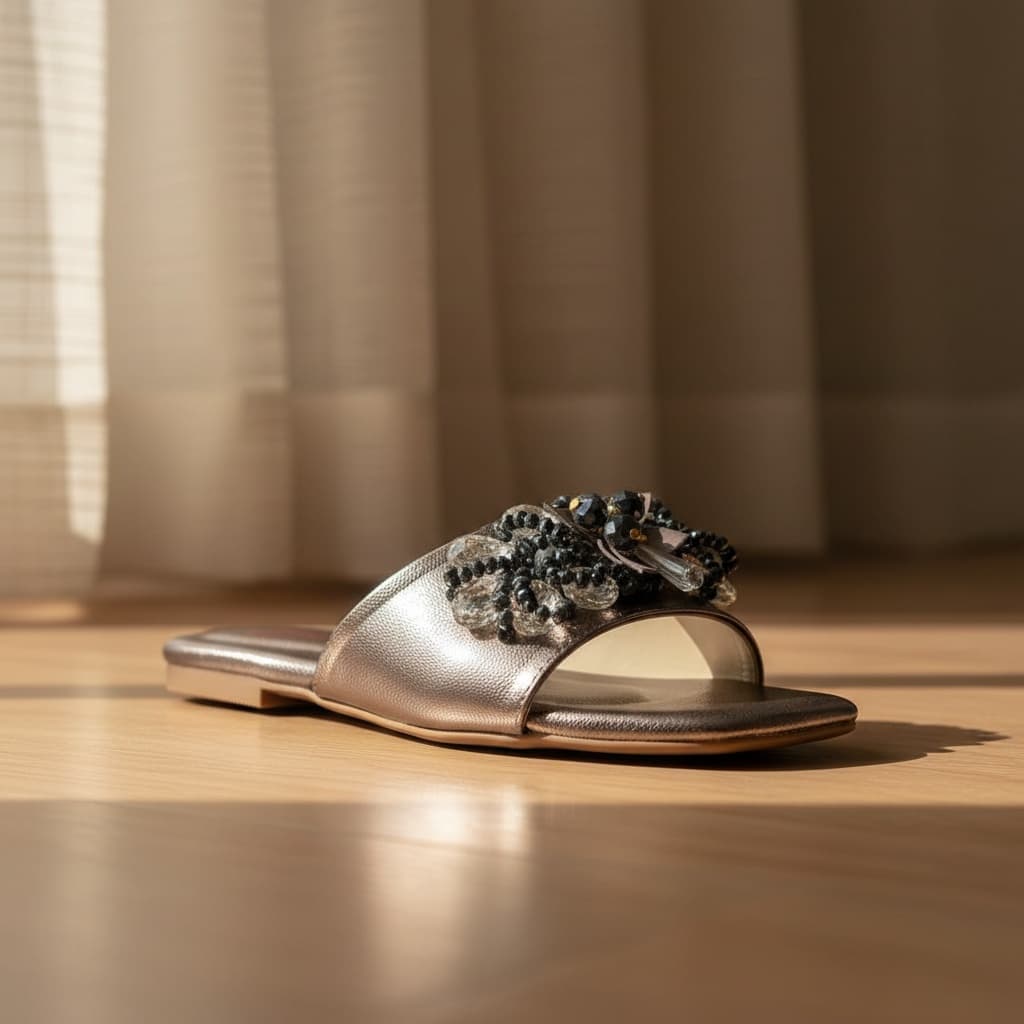 Formal slip-on Slippers with floral appliqué and a Flat Slipper. 4