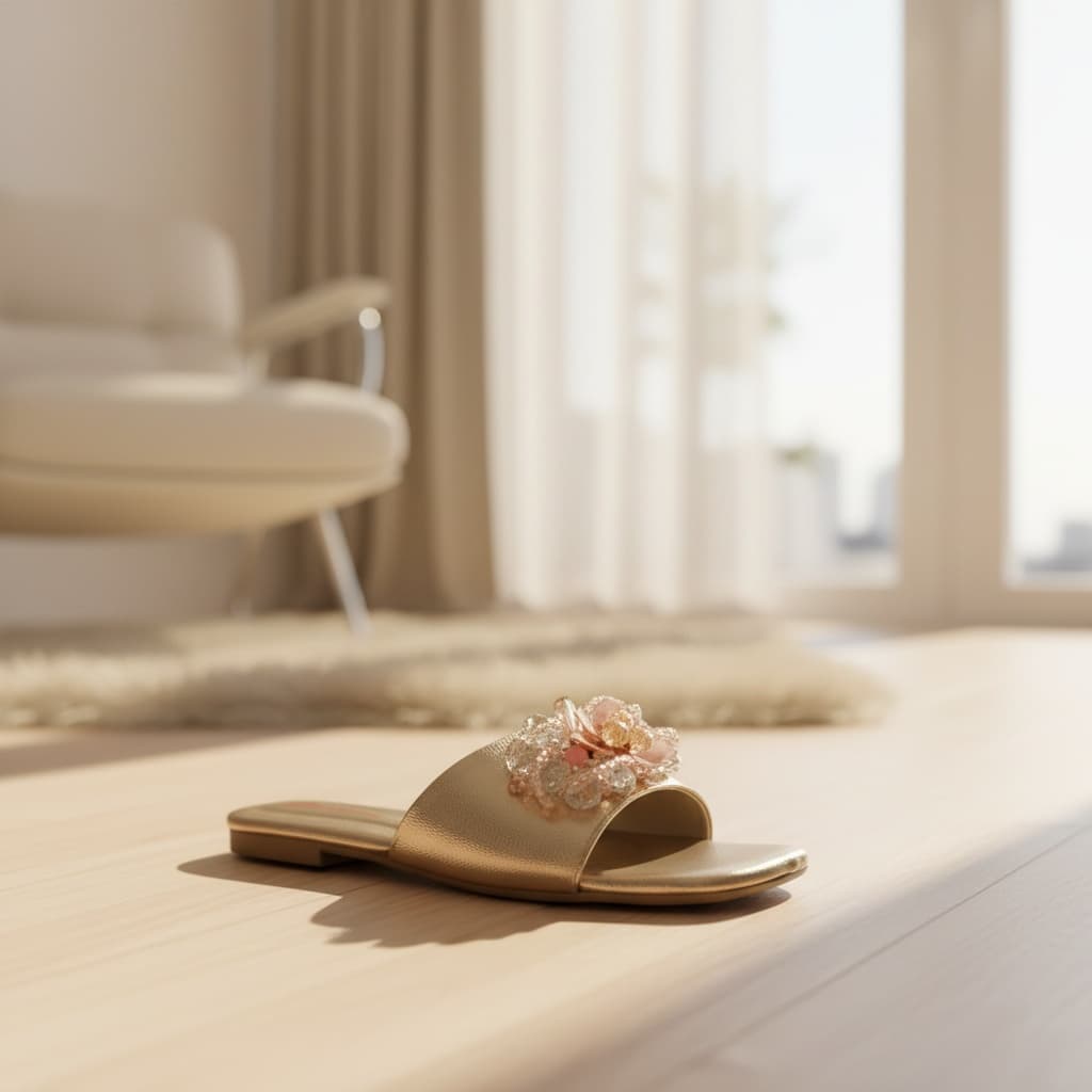 Formal slip-on Slippers with floral appliqué and a Flat Slipper. 6