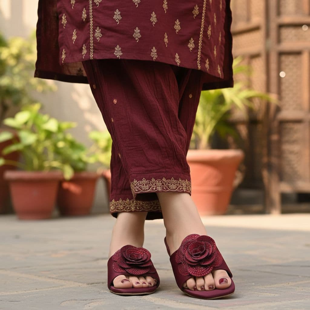 Flat sandals with a large decorative flower detail on the vamp. 2