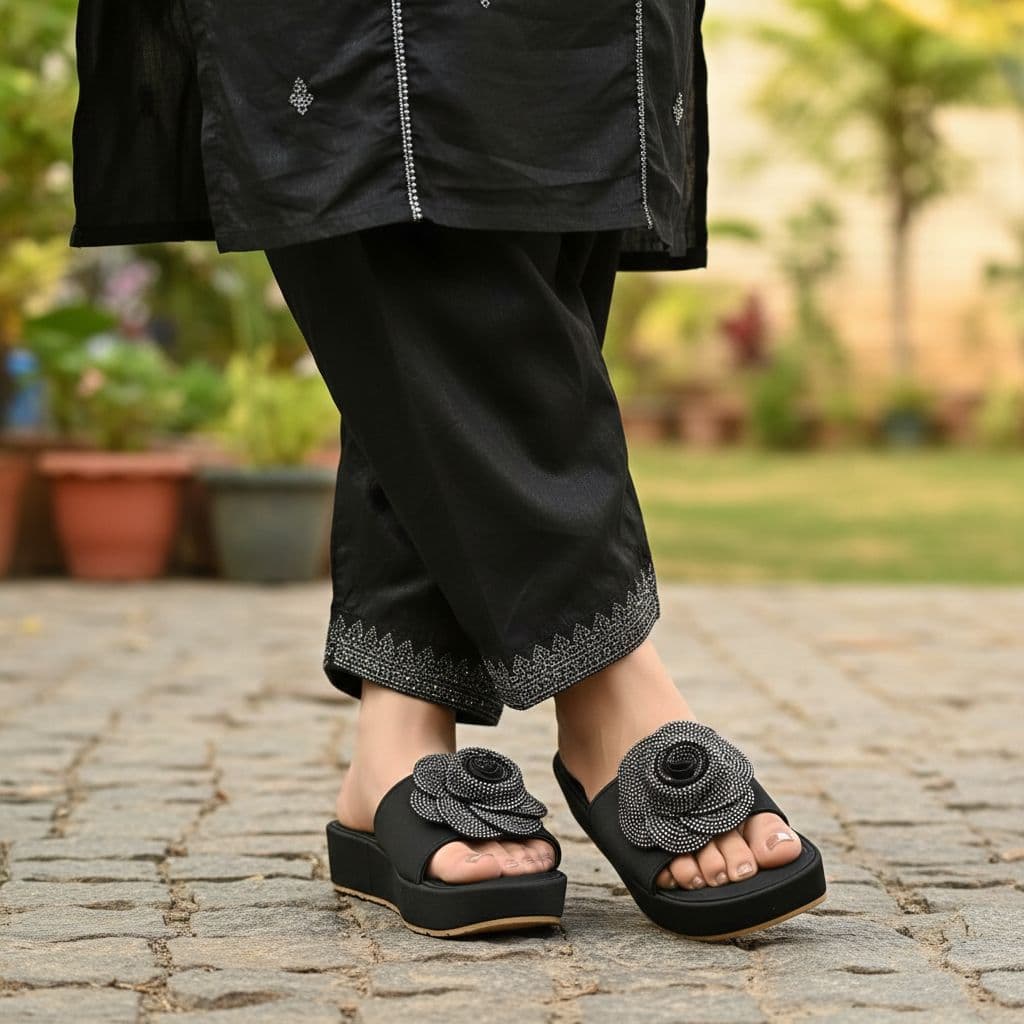 women's sole slides with a large floral embellishment.