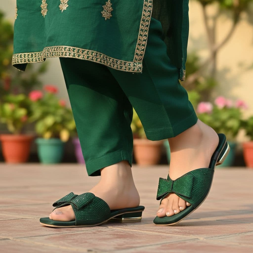 Flat slippers with a rhinestone bow design.