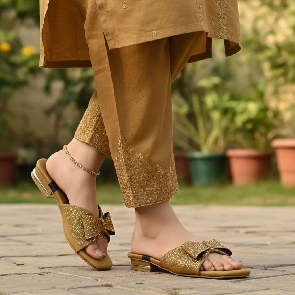 Flat slippers with a rhinestone bow design. 2