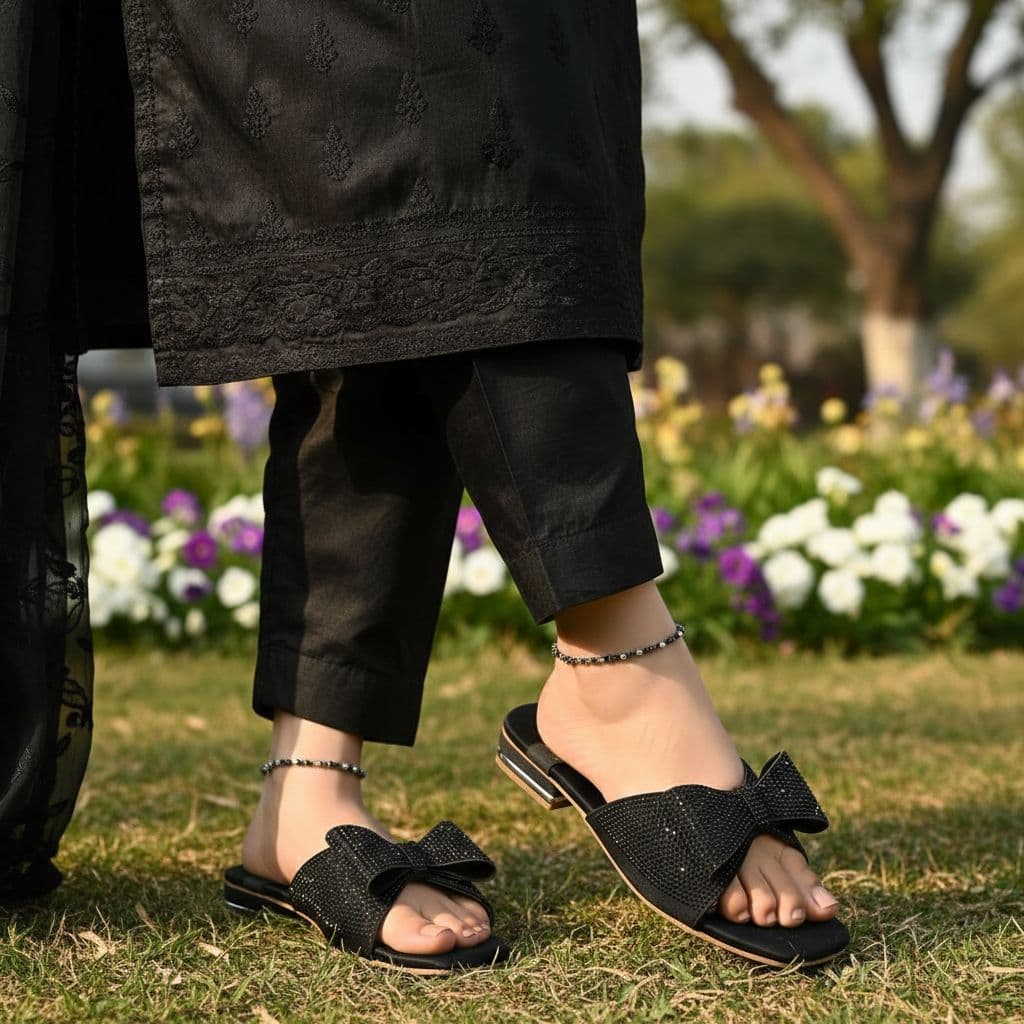 Flat slippers with a rhinestone bow design. 3