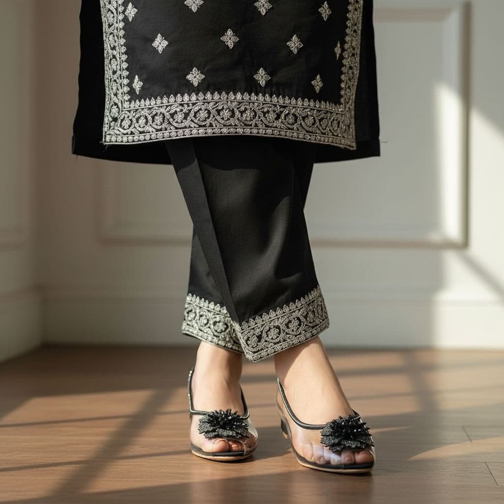 "Cinderella" transparent block-heel sandals with a floral embellishment. 2