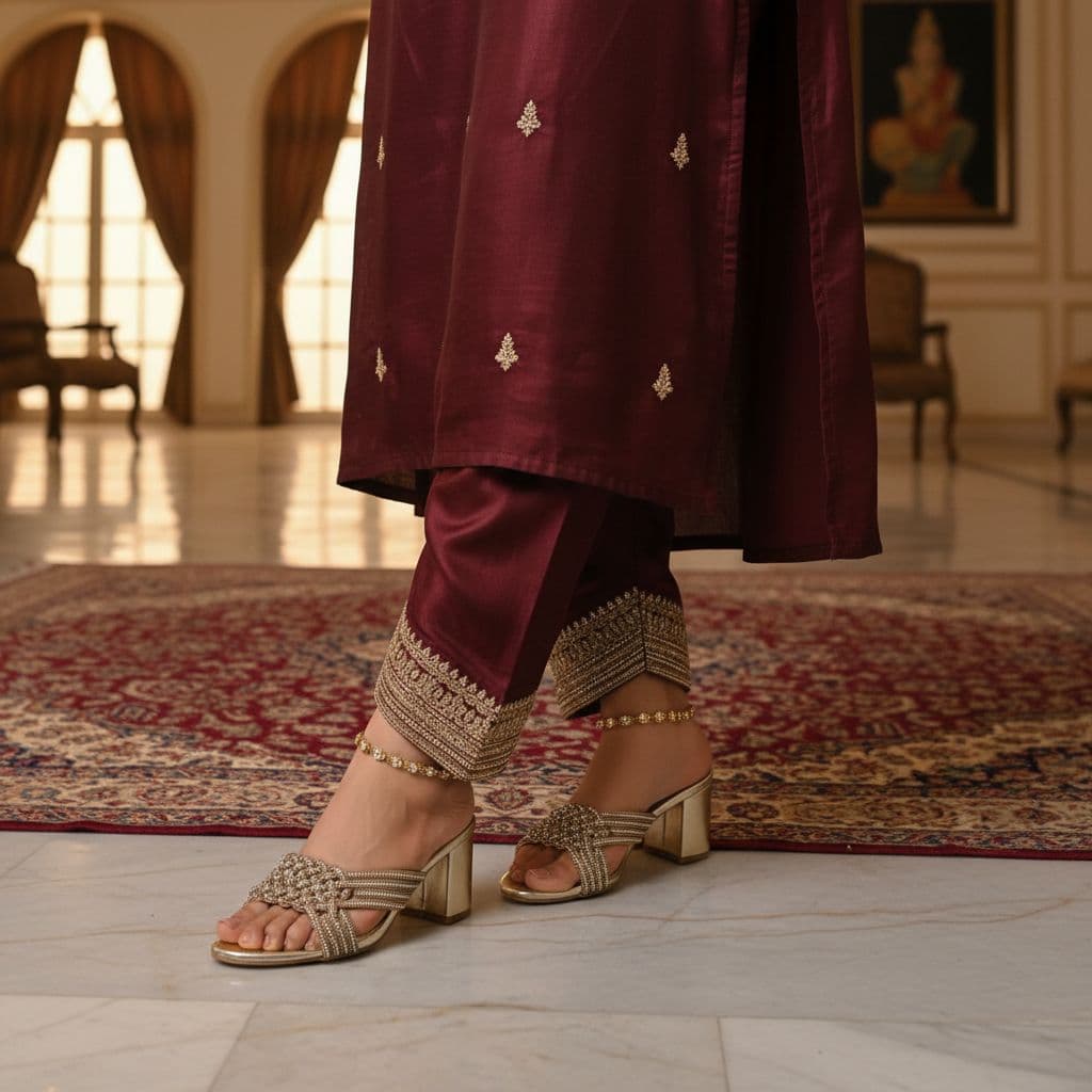 Block-heel slide slipper with a woven or braided front strap. 2