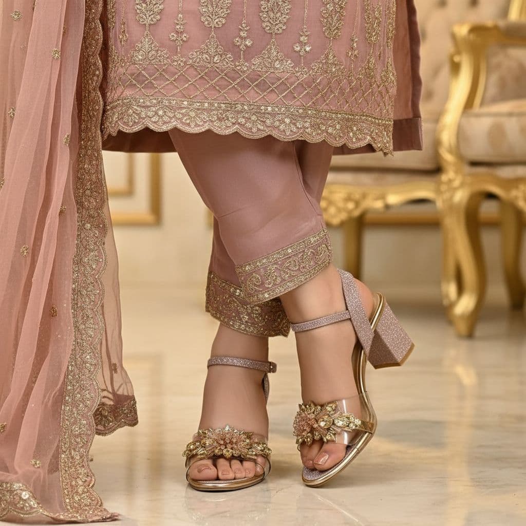 "Rose Gold Bloom" handmade block heels with clear straps and rose-gold floral embellishments.