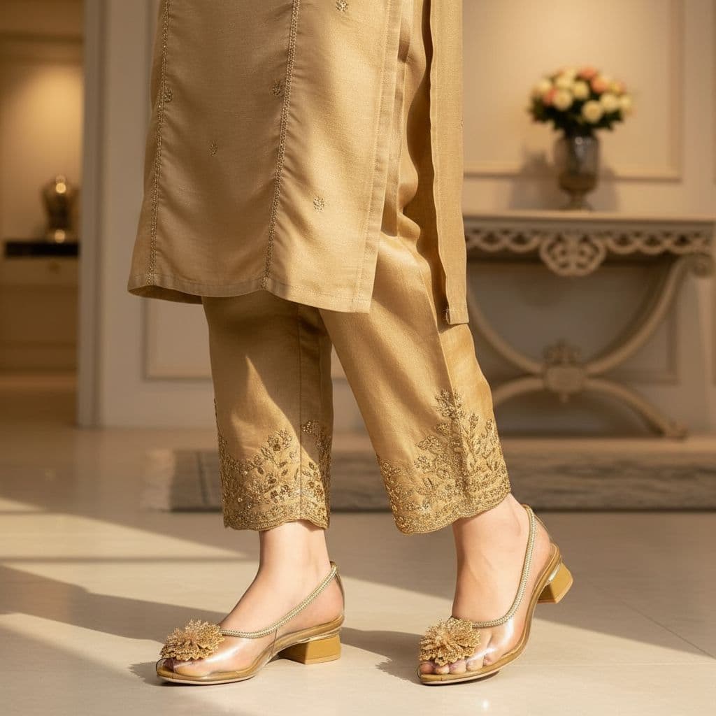 "Cinderella" transparent block-heel sandals with a floral embellishment.