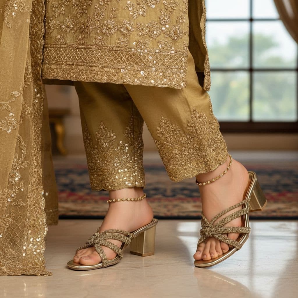 Gold embellished cross strap block heel slipper.