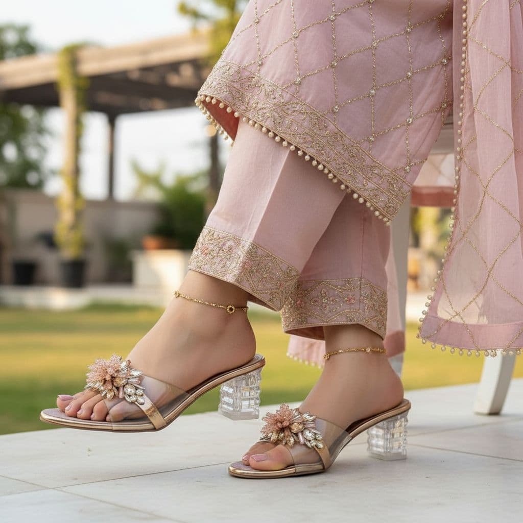 Crystal heel and crystal pearl embellishment slipper.
